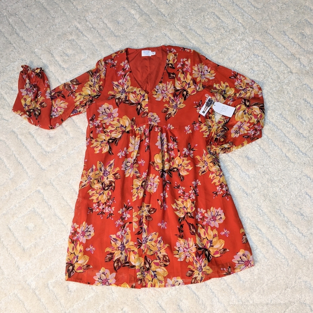 Time and Tru Orange Floral V-Neck Long Sleeves Dress, M